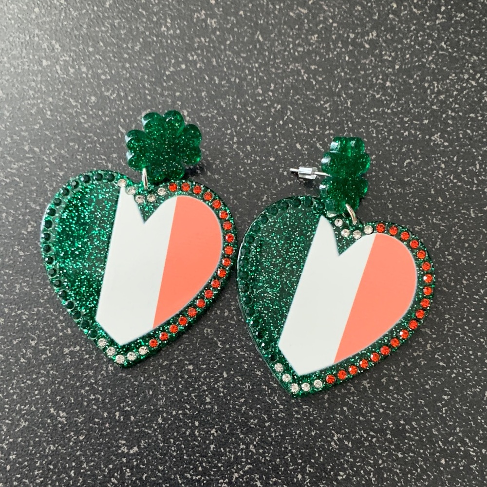Green Heart Earrings with Red and White Accents